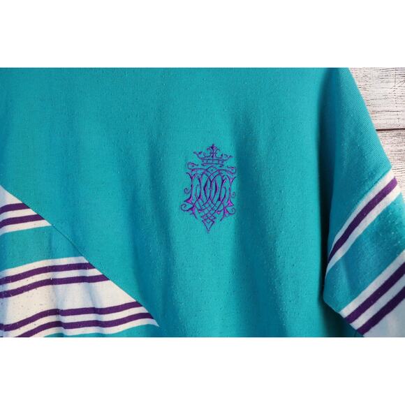 Vintage San Francisco Sport Medium Half Striped Teal Pullover Sweater - Picture 2 of 5